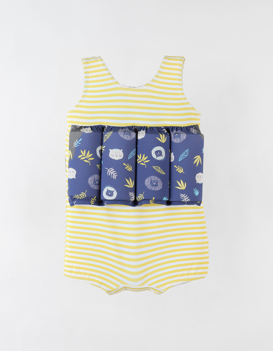 Striped floating suit with prints, yellow/navy blue