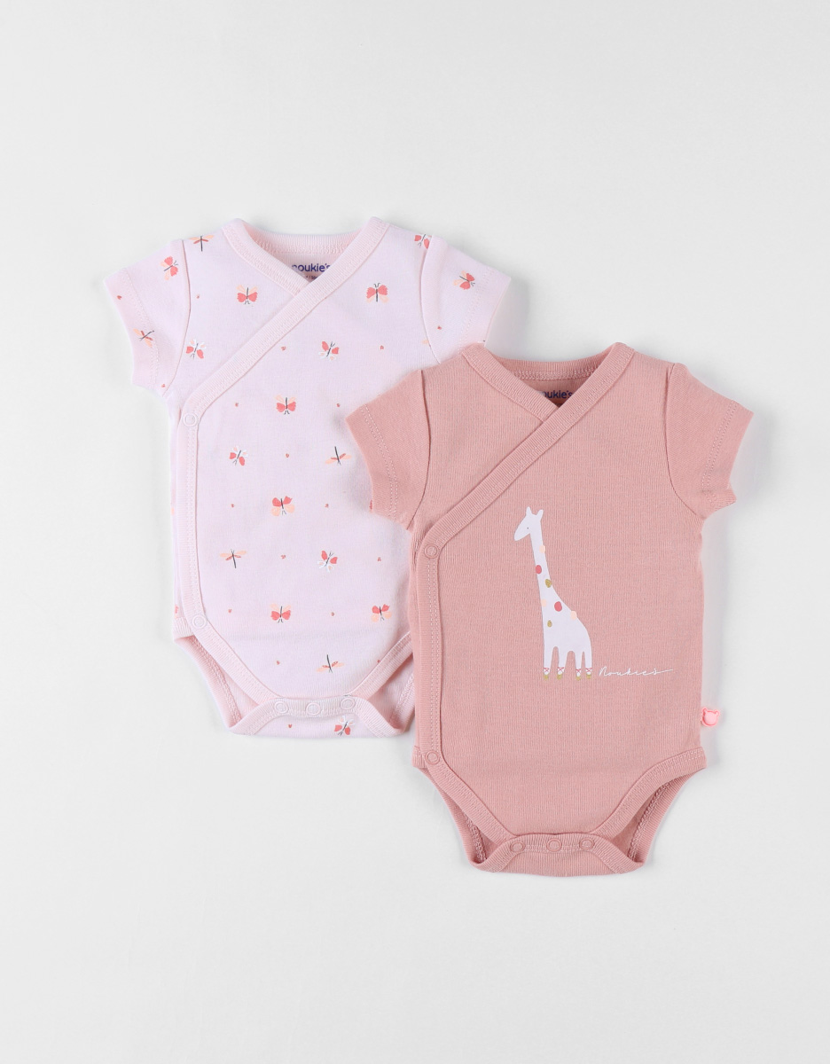 Set of 2 giraffe and butterfly cotton bodysuits, blush/light pink.