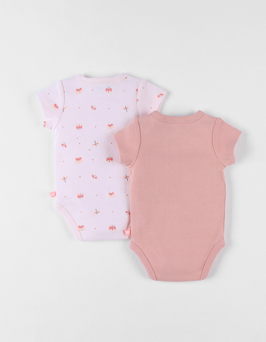 Set de 2 bodies girafe et papillons en coton, blush/rose pâle