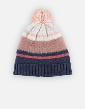 Knitted beanie with pompom, tricolour