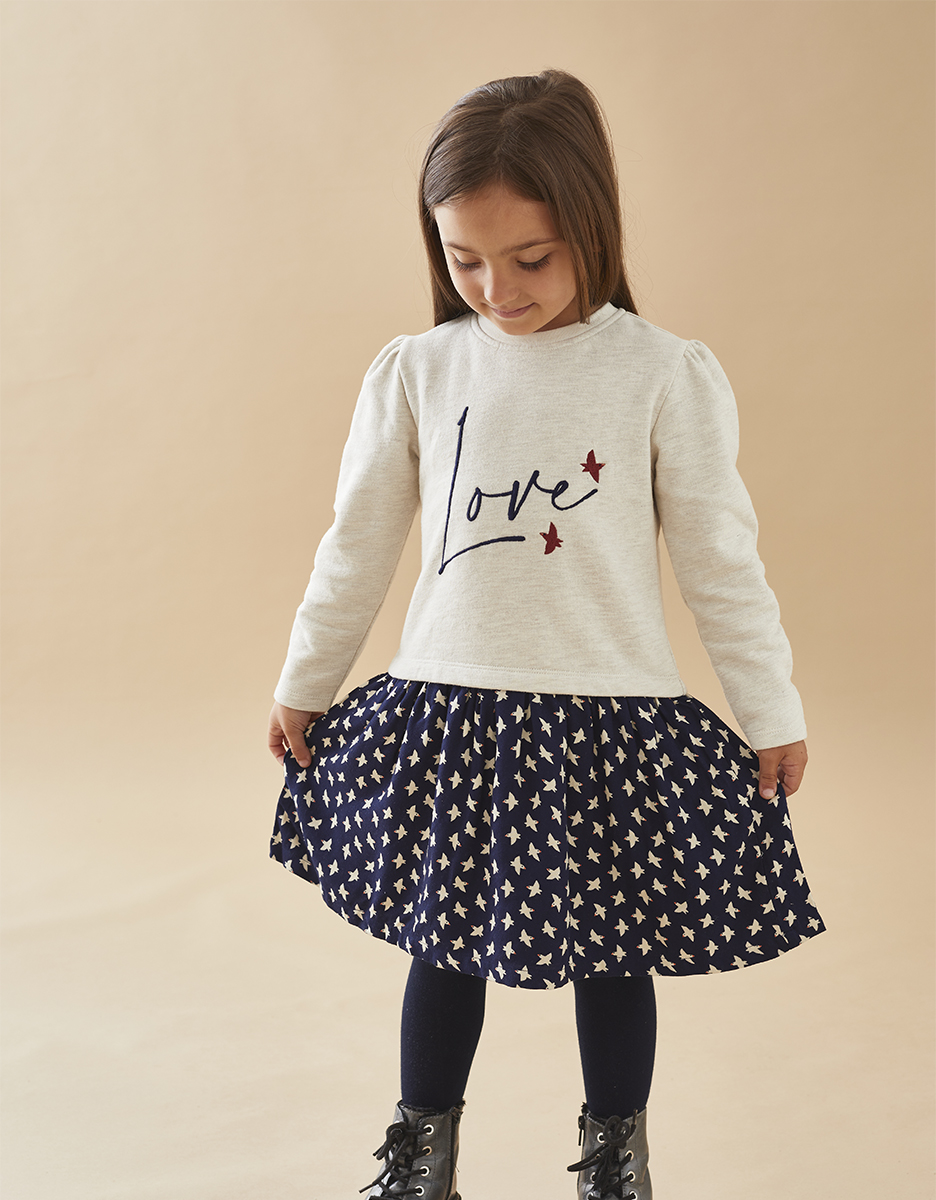 Jurk uit twee stoffen, donkerblauw/chiné beige