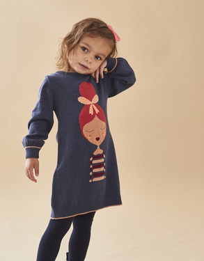 Knitted dress with girl, navy