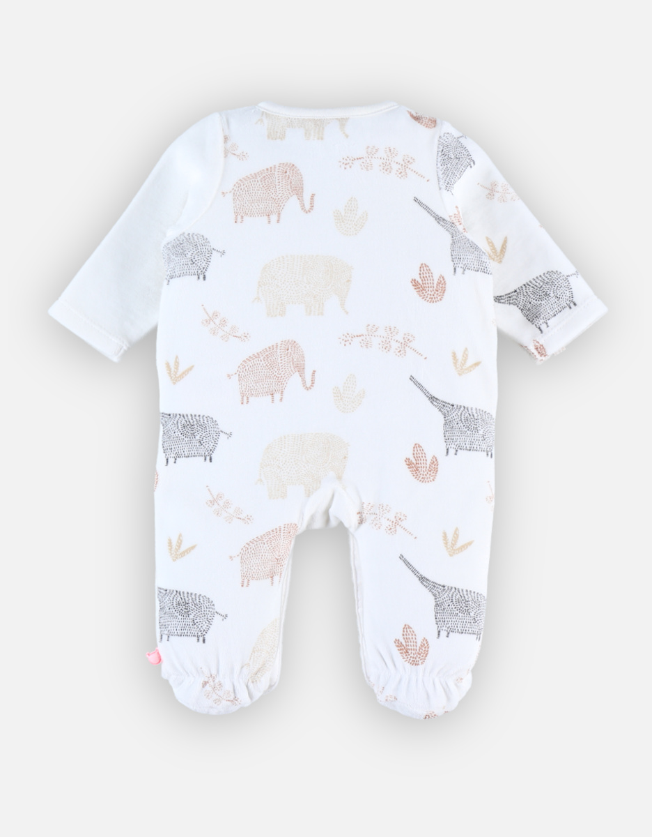Pyjama 1 pièce à imprimés éléphants en velours, écru/caramel