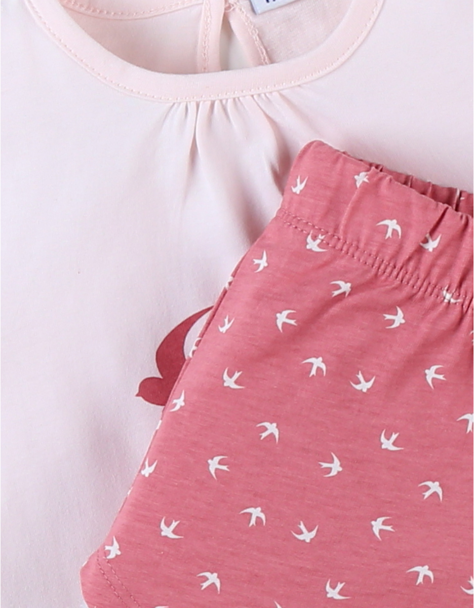 Jersey 2-delige pyjama met vogelprint, roos