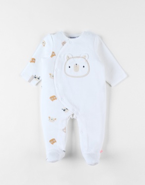 1-delige pyjama met beer uit fluwel, ecru