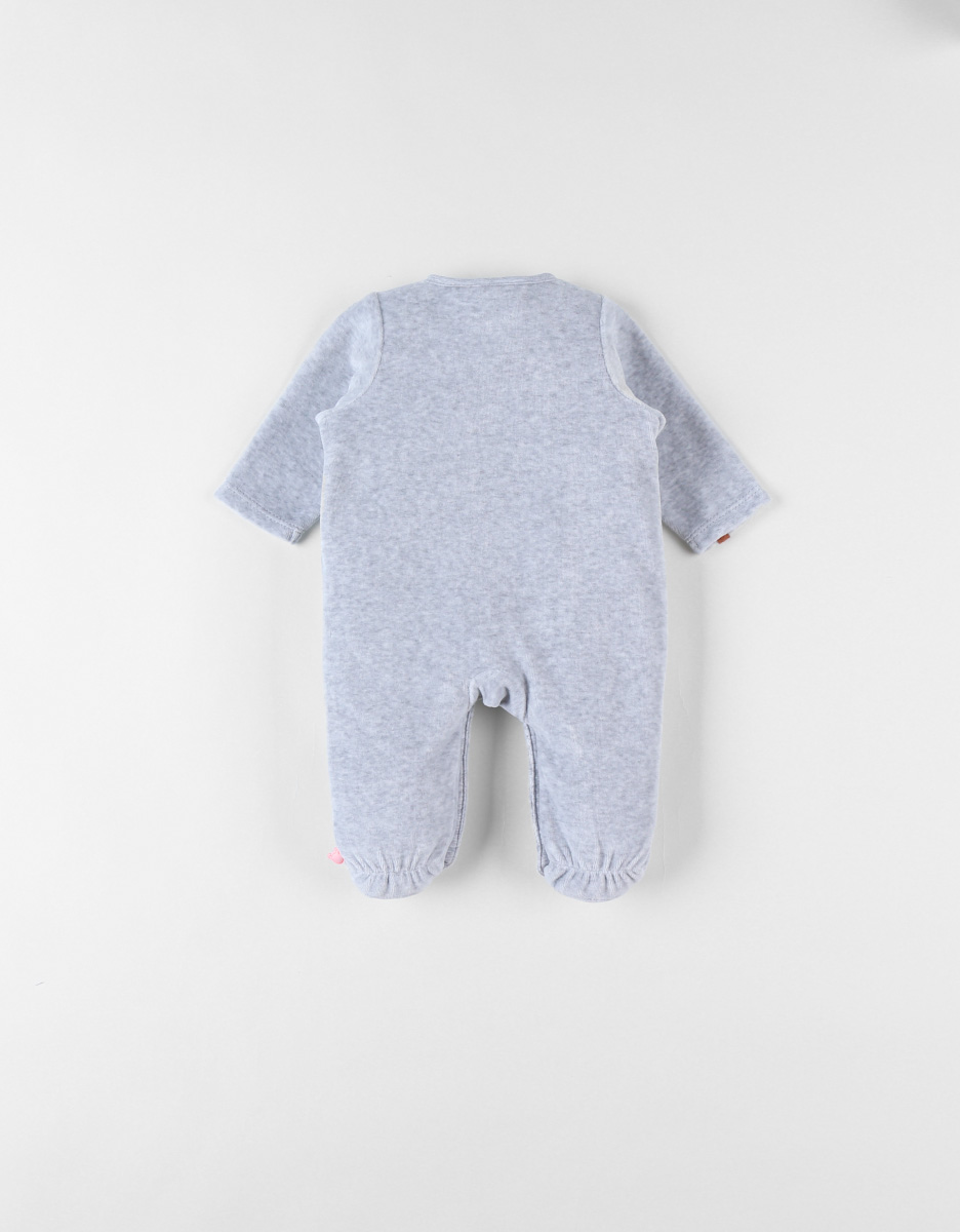 1-delige pyjama uit fluweel met beertje, grijs gemêleerd