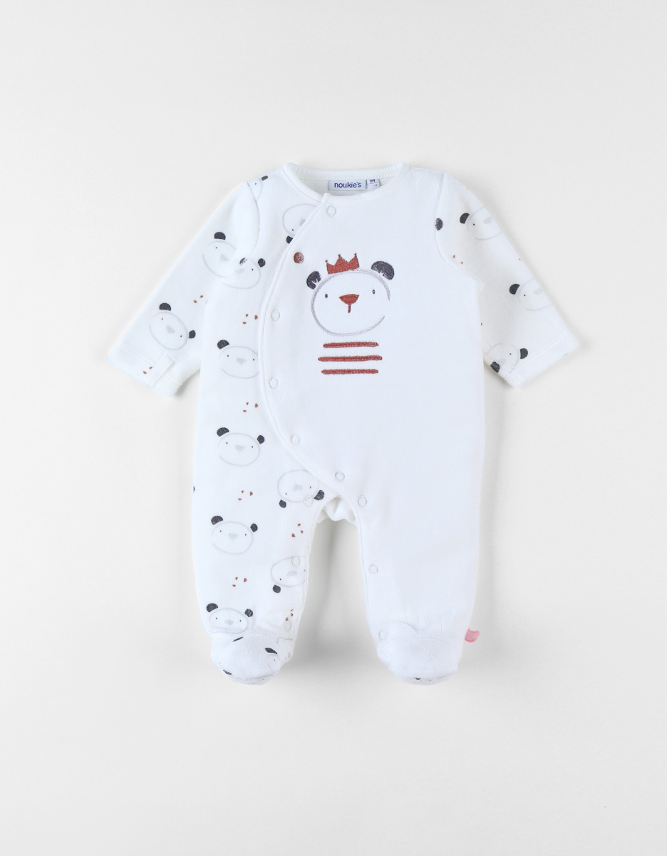 1-delige pyjama met beertje uit fluweel , ecru