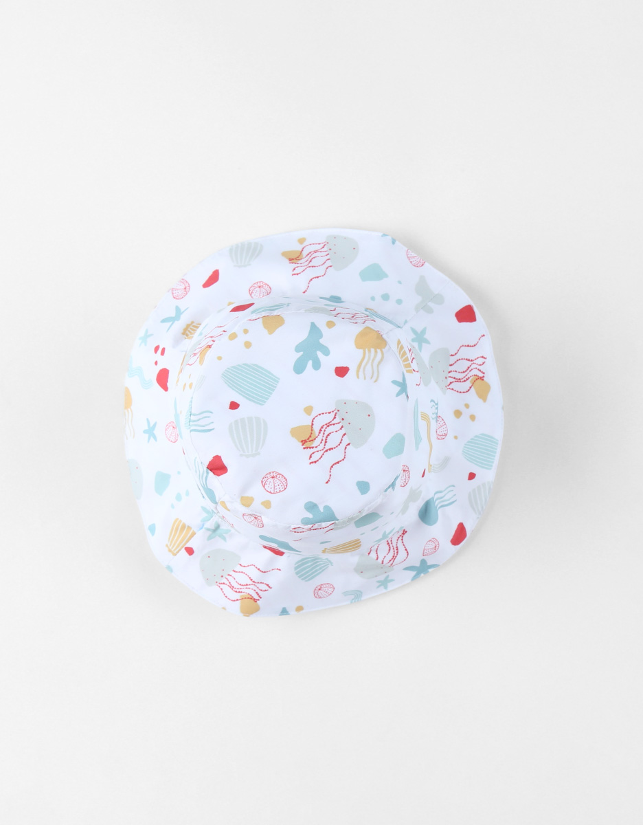 Reversible hat with floral prints, blue/yellow