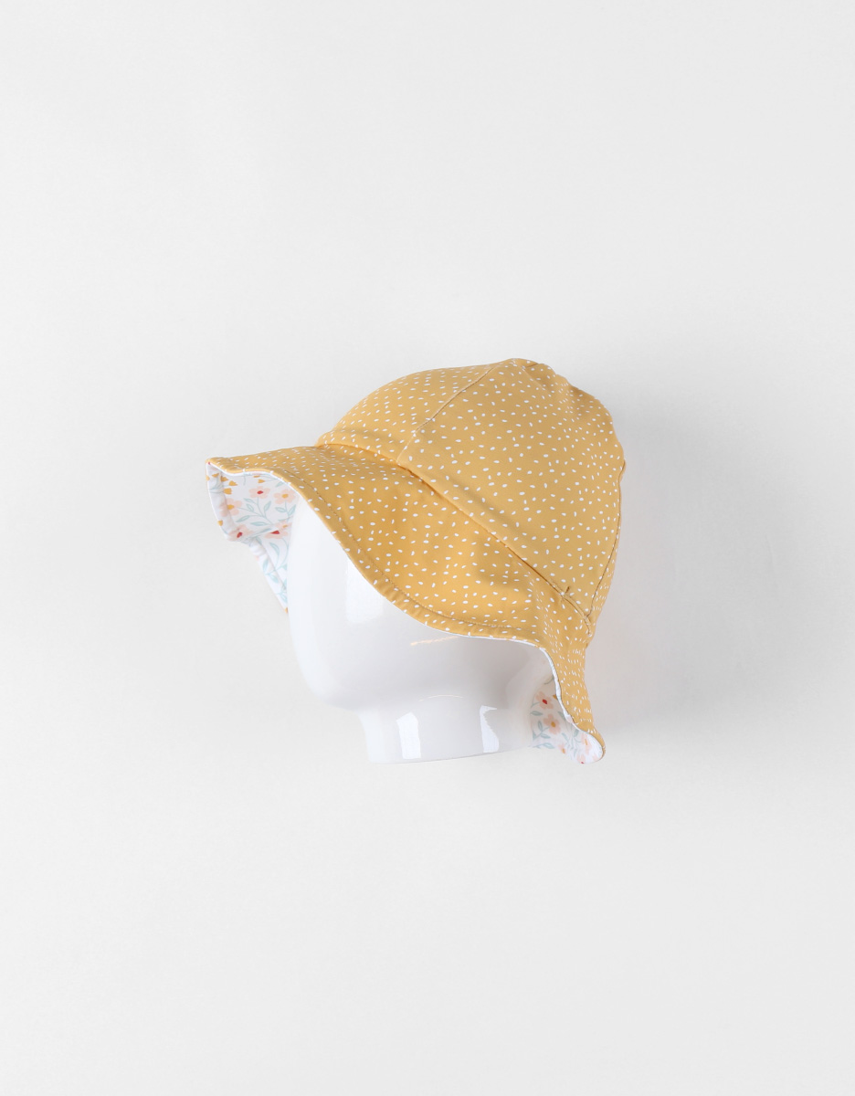 Reversible hat with floral prints, blue/yellow