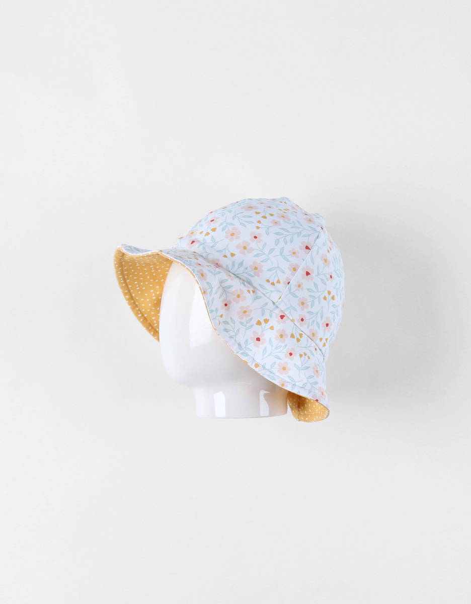 Reversible hat with floral prints, blue/yellow