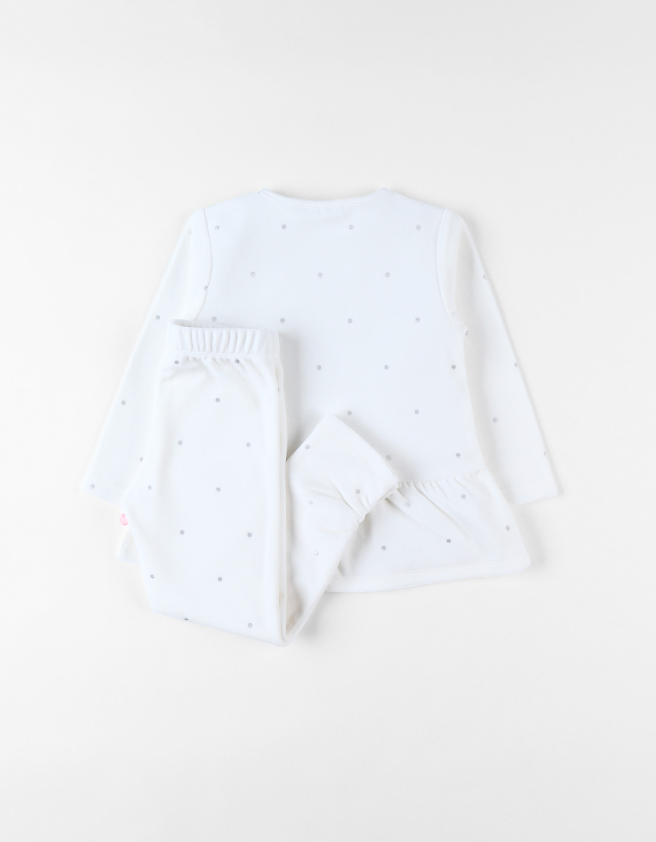2-delige pyjama met bolletjes uit fluweel, ecru