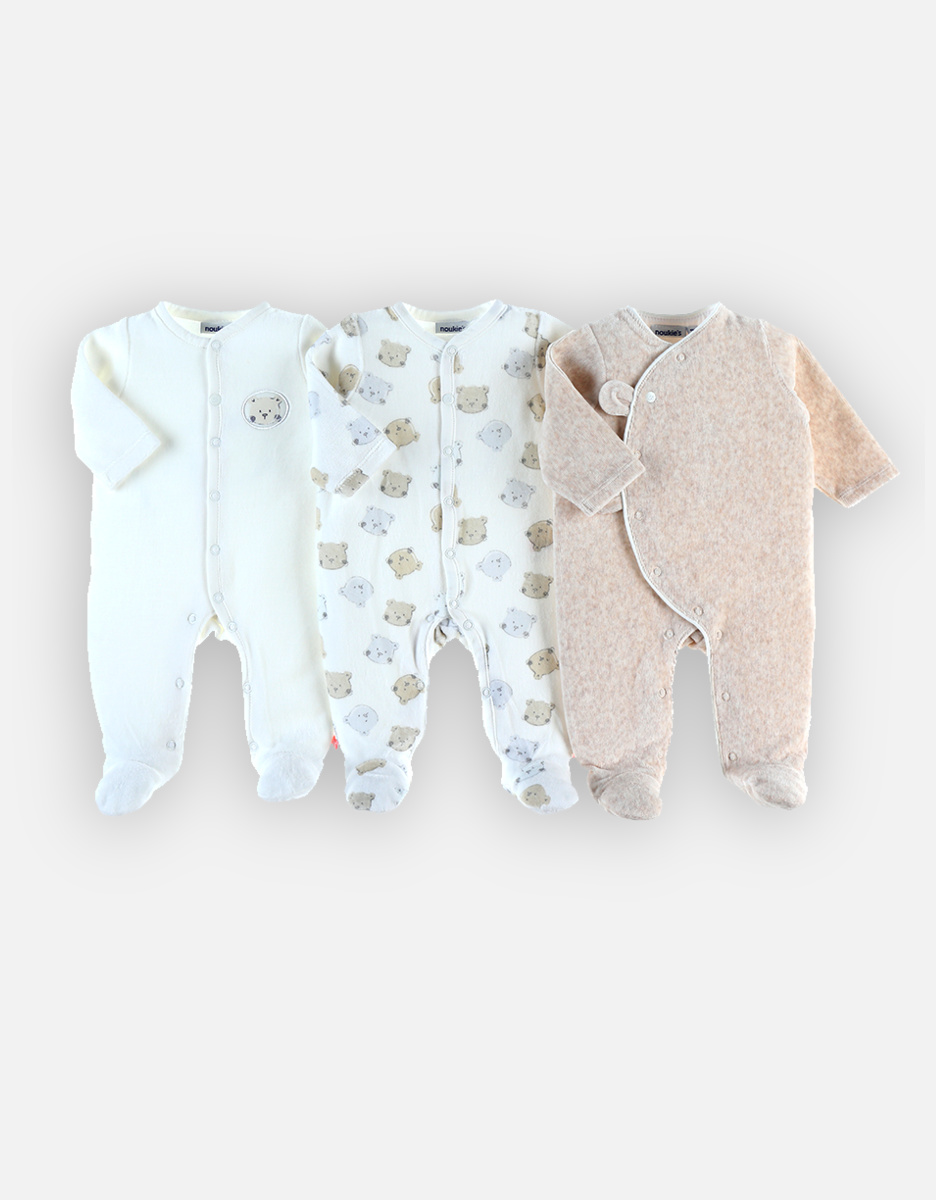 Set with 3 iconic velvet sleep-well pyjamas, off-white/greige