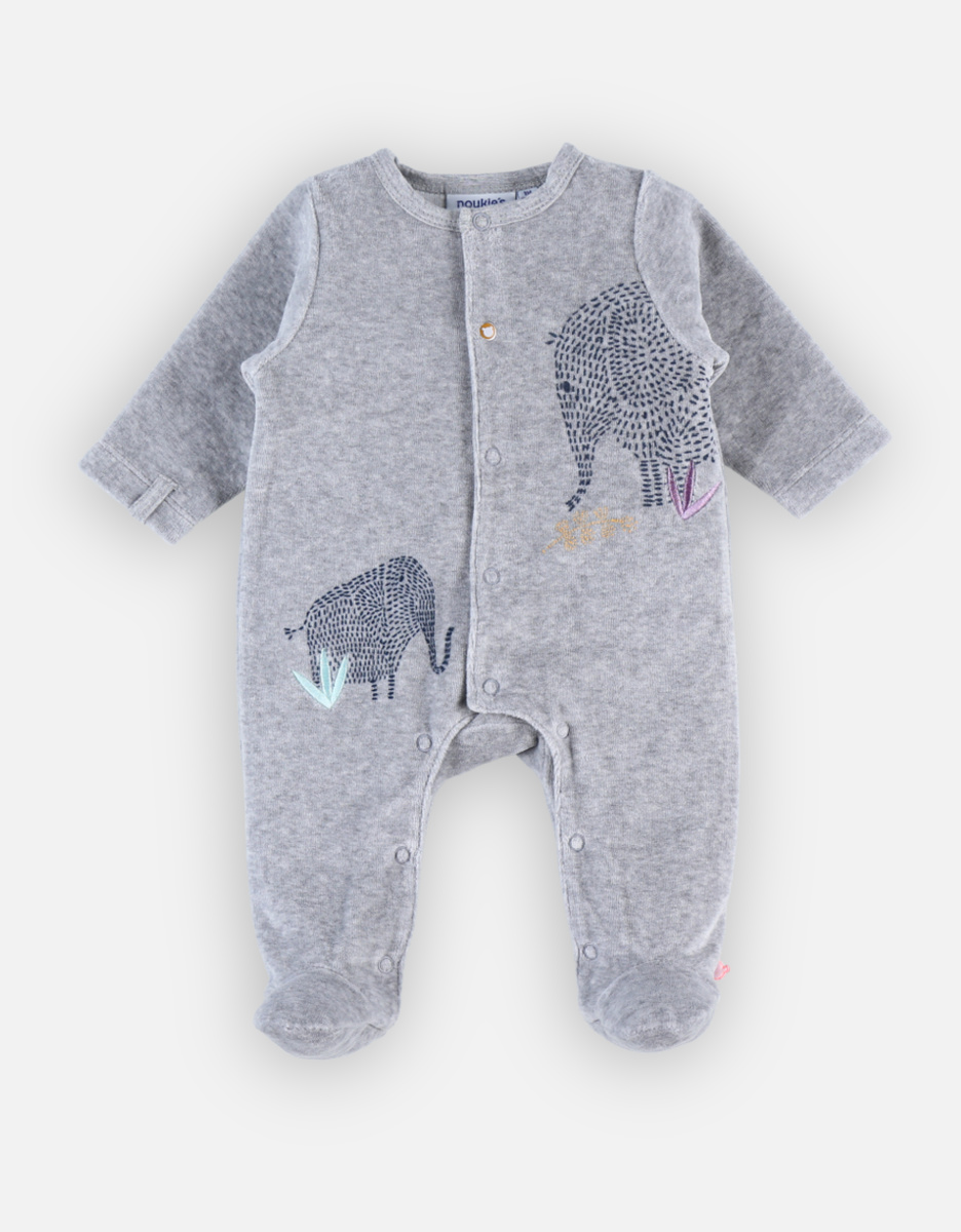 Fluwelen 1-delige pyjama met olifanten, lichtgrijs