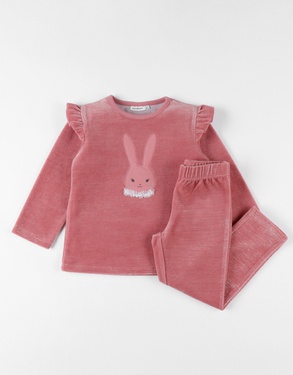 2-piece velvet pyjamas with bunny, coral coloured