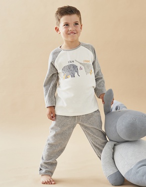 Pyjama 2 pièces éléphant en velours, écru/gris clair
