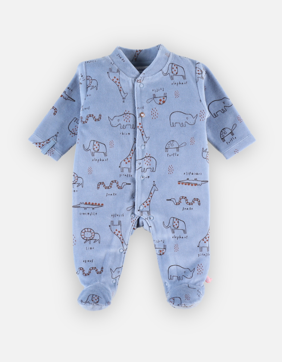 Fluwelen 1-delige pyjama met dierenprint, blauw