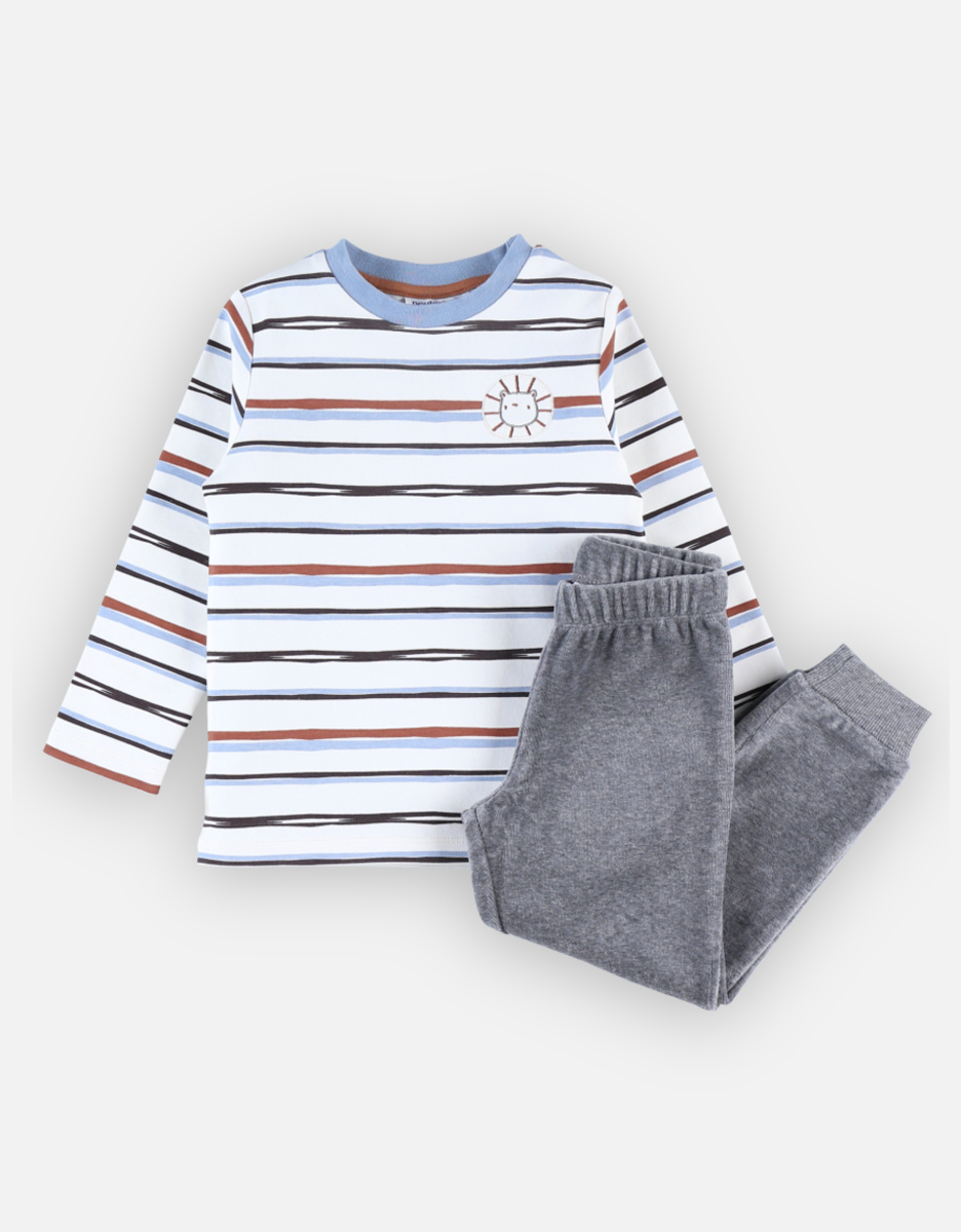 Fluwelen en jersey gestreepte 2-delige pyjama, ecru/donkergrijs