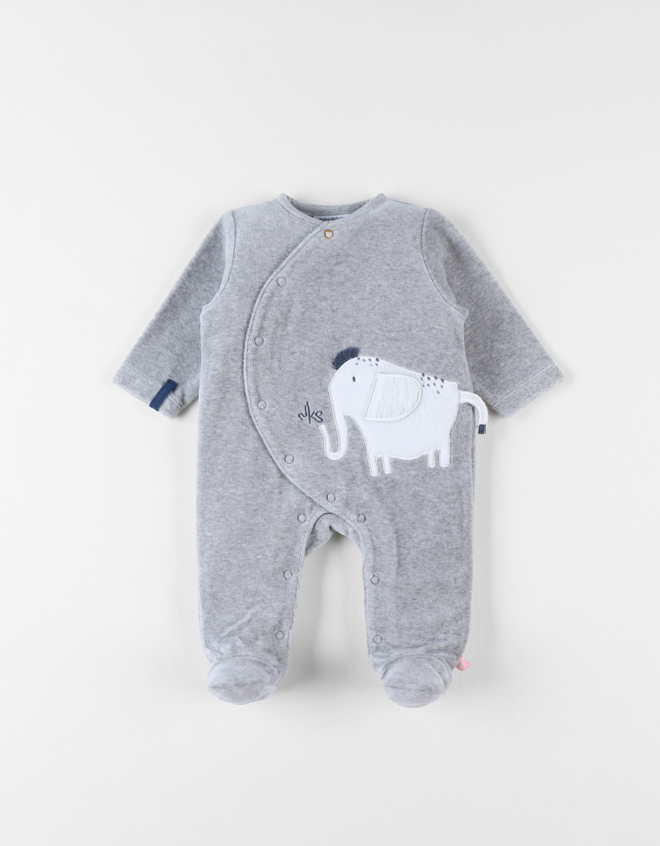 Pyjama 1 pièce éléphant en velours, gris chiné