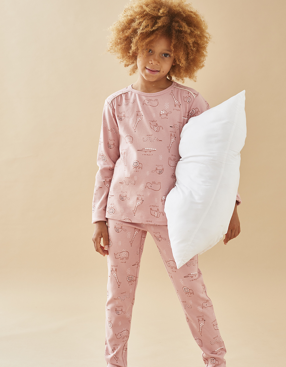 Jersey 2-delige pyjama met dierenprint, roos