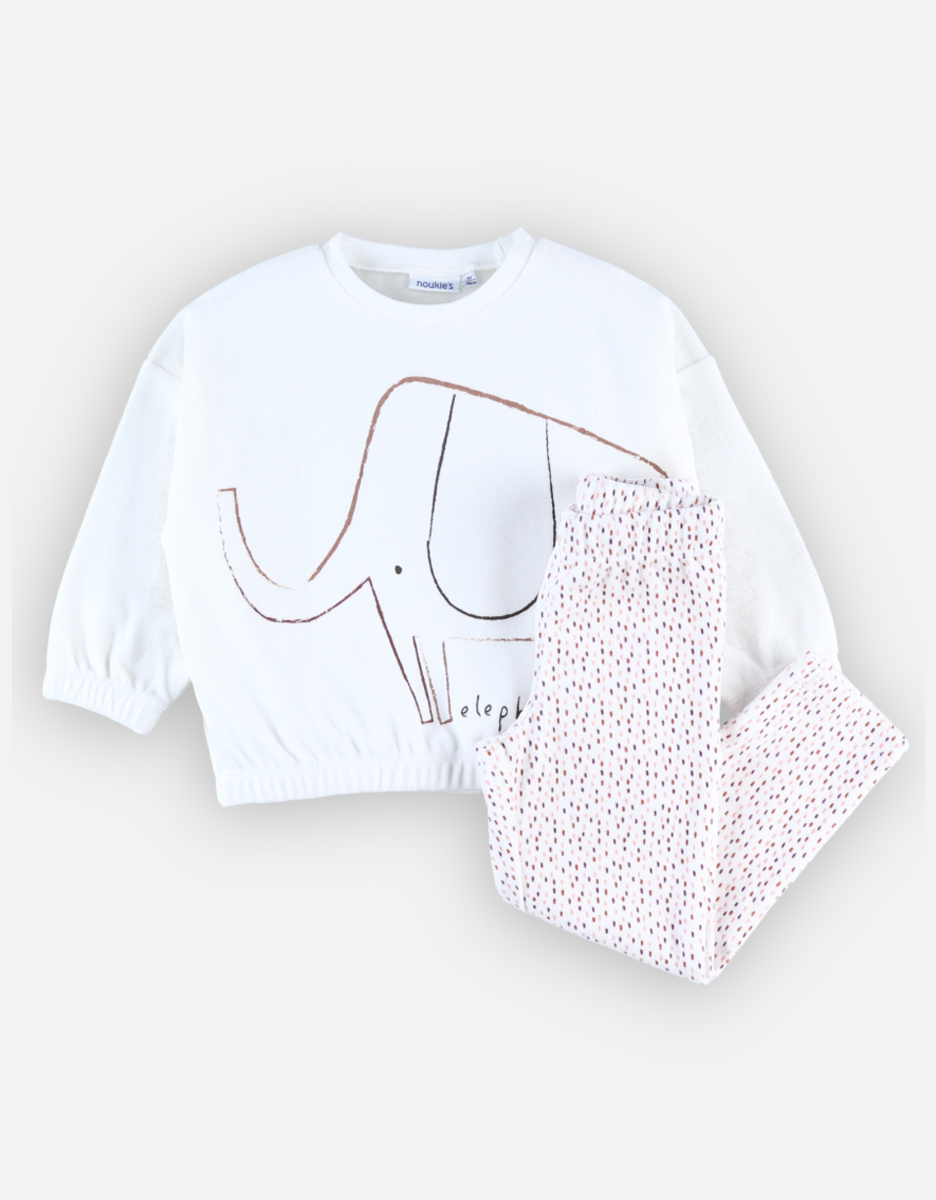 Velvet 2-piece pyjamas with elephant, off-white/pink