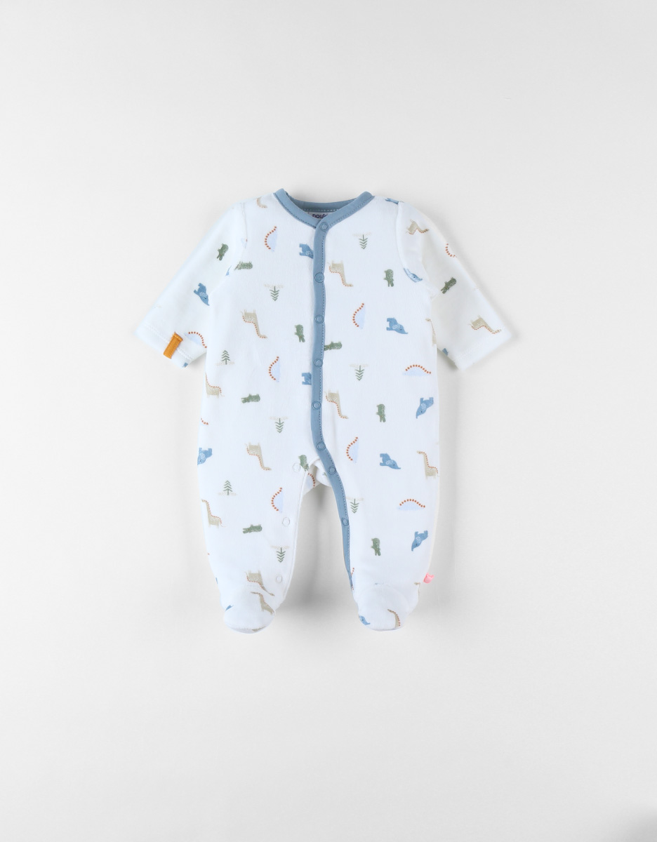 1-delige pyjama uit fluweel met dinosaurusprint, ecru