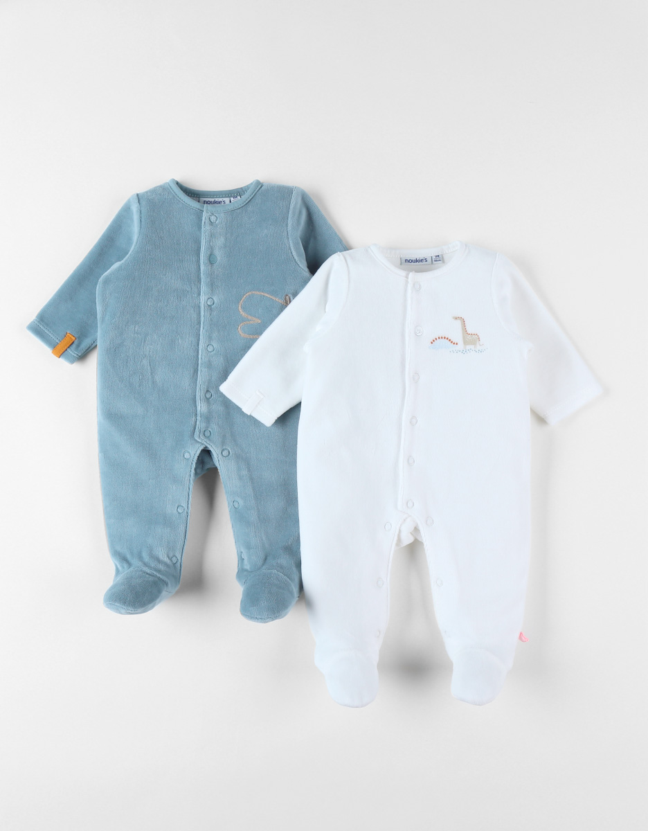 Set de 2 pyjamas 1 pièce, bleu moyen/écru