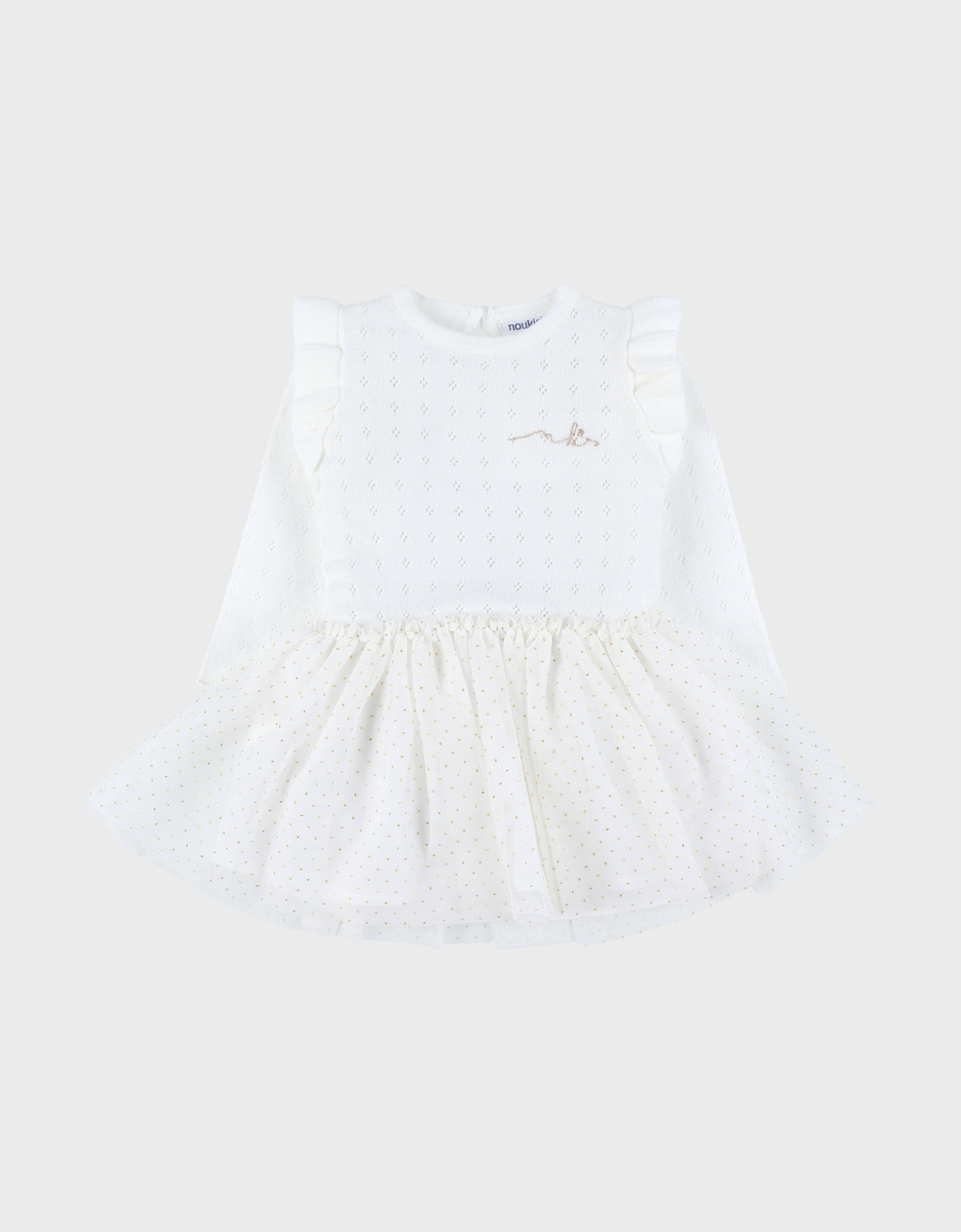 Witte jurk in twee materialen met gebreid lurex
