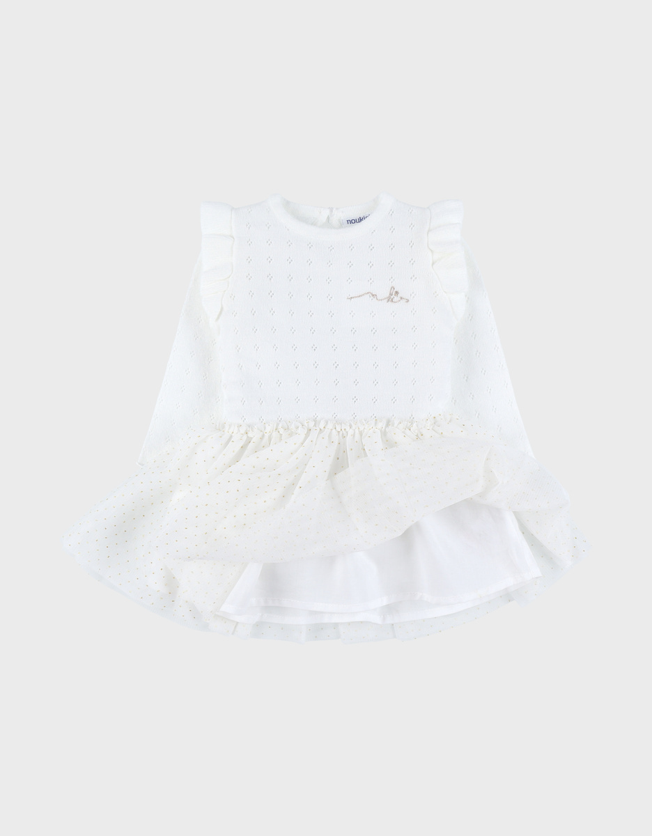 Witte jurk in twee materialen met gebreid lurex
