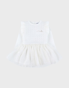 Witte jurk in twee materialen met gebreid lurex

