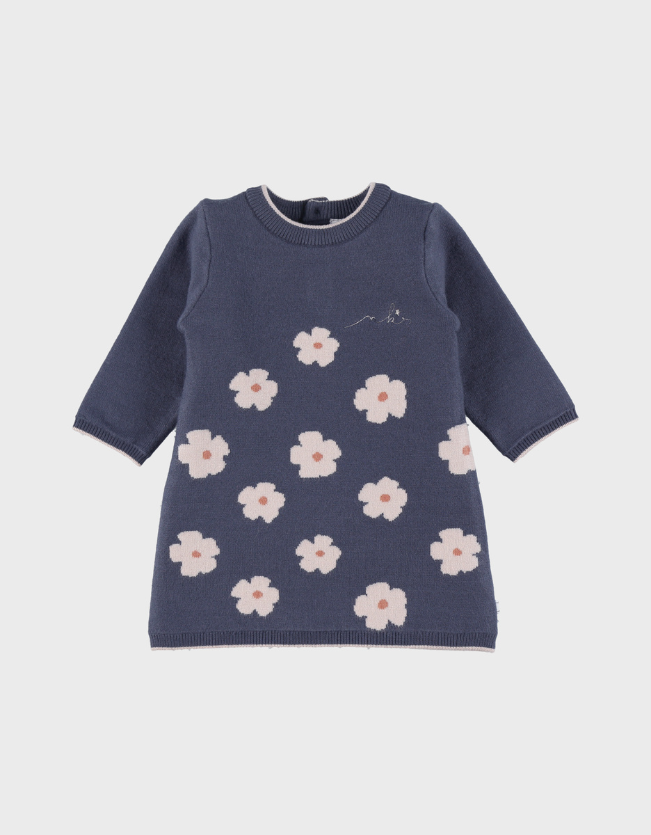Blue knit dress with floral knit pattern
