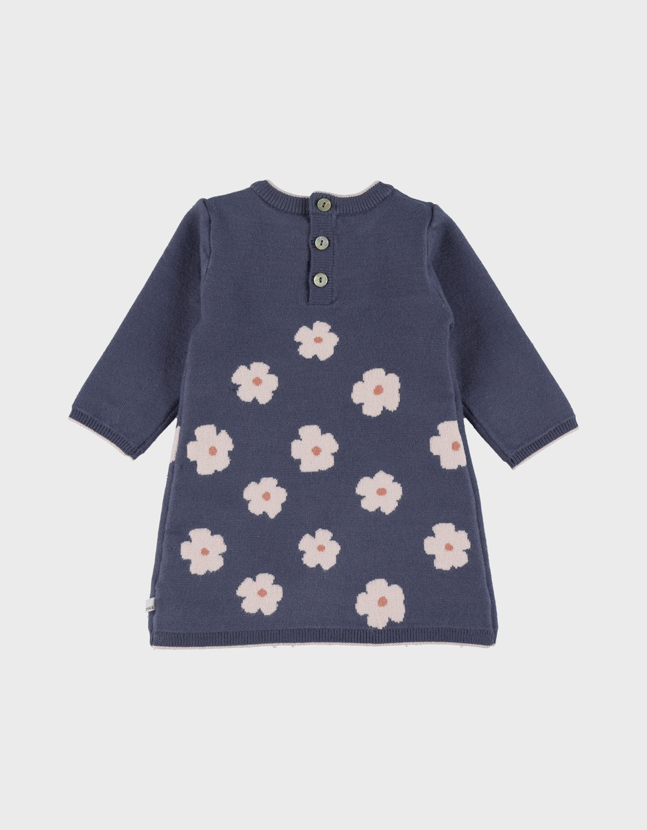 Blue knit dress with floral knit pattern
