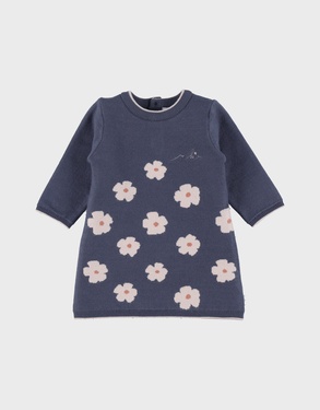 Blue knit dress with floral knit pattern
