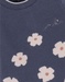 Blauwe gebreide jurk met bloemen in breiwerk
