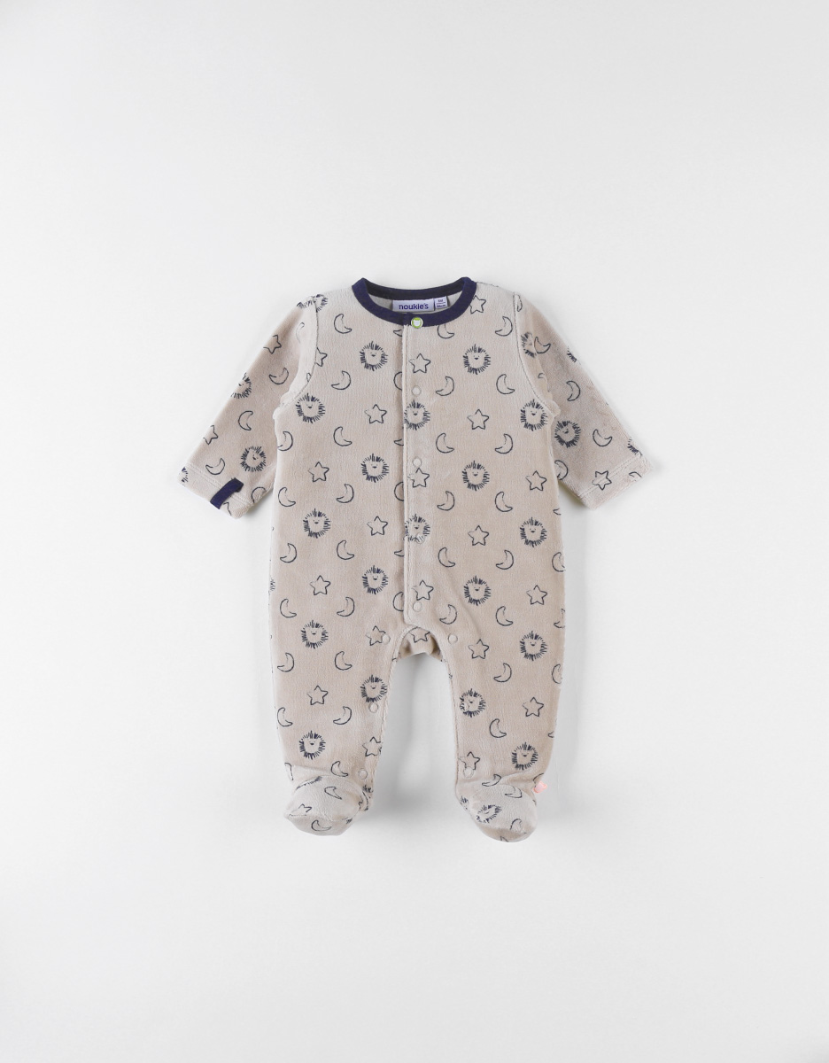 Pyjama 1 pièce à imprimé lion en velours, beige/bleu marine