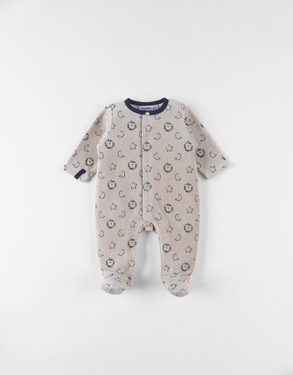 1-delige pyjama met leeuwtjes uit fluweel, beige/marineblauw