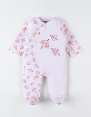Jersey 1-delige pyjama met vogelprint, lichtroos