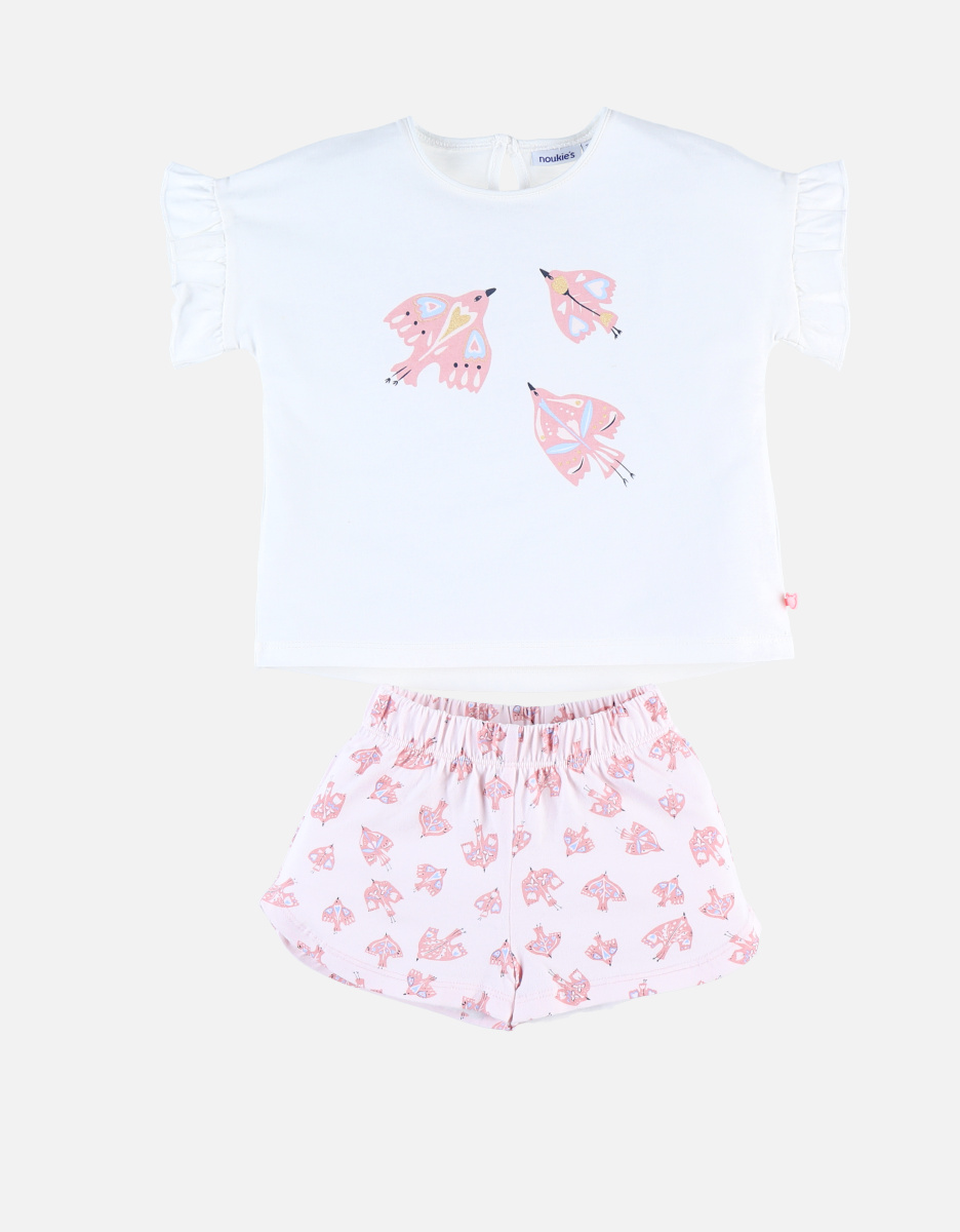 Jersey 2-piece pyjamas with bird print, light pink/off-white