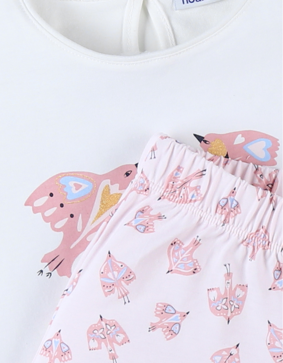 Pyjama 2 pièces imprimé oiseaux en jersey, rose clair/écru