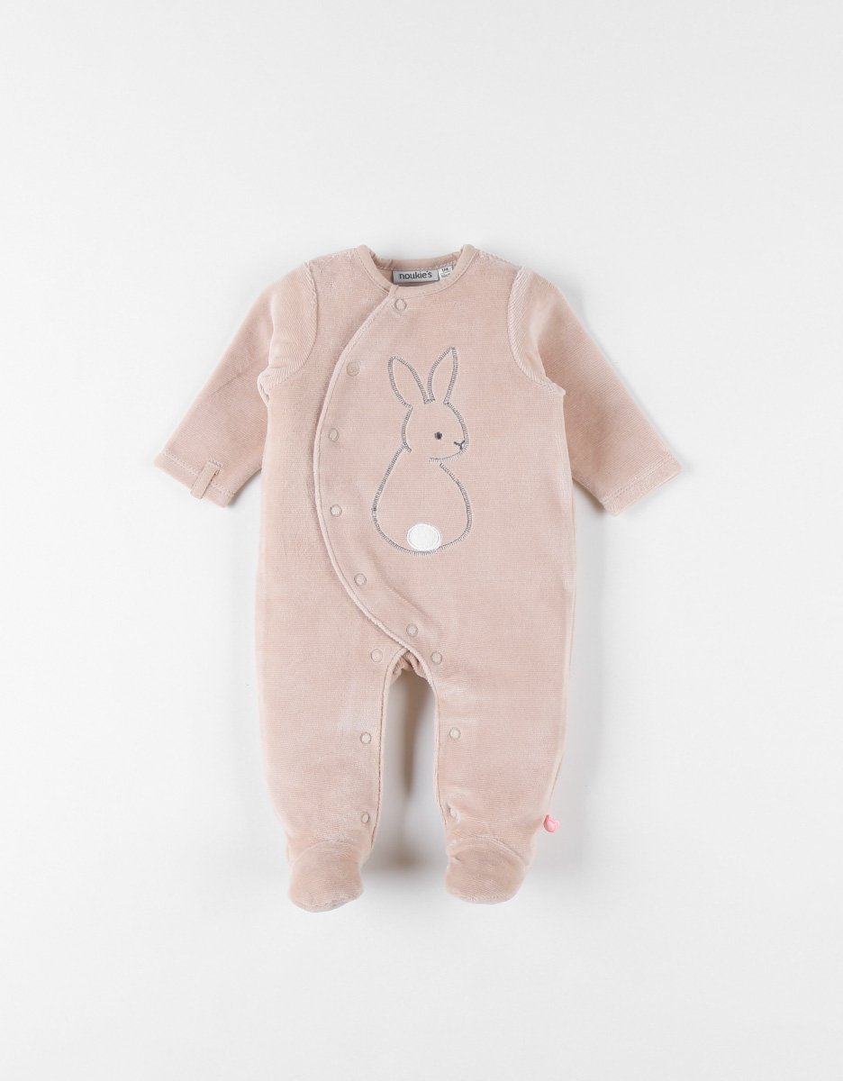 1-delige pyjama met konijntje in fluweel, beige