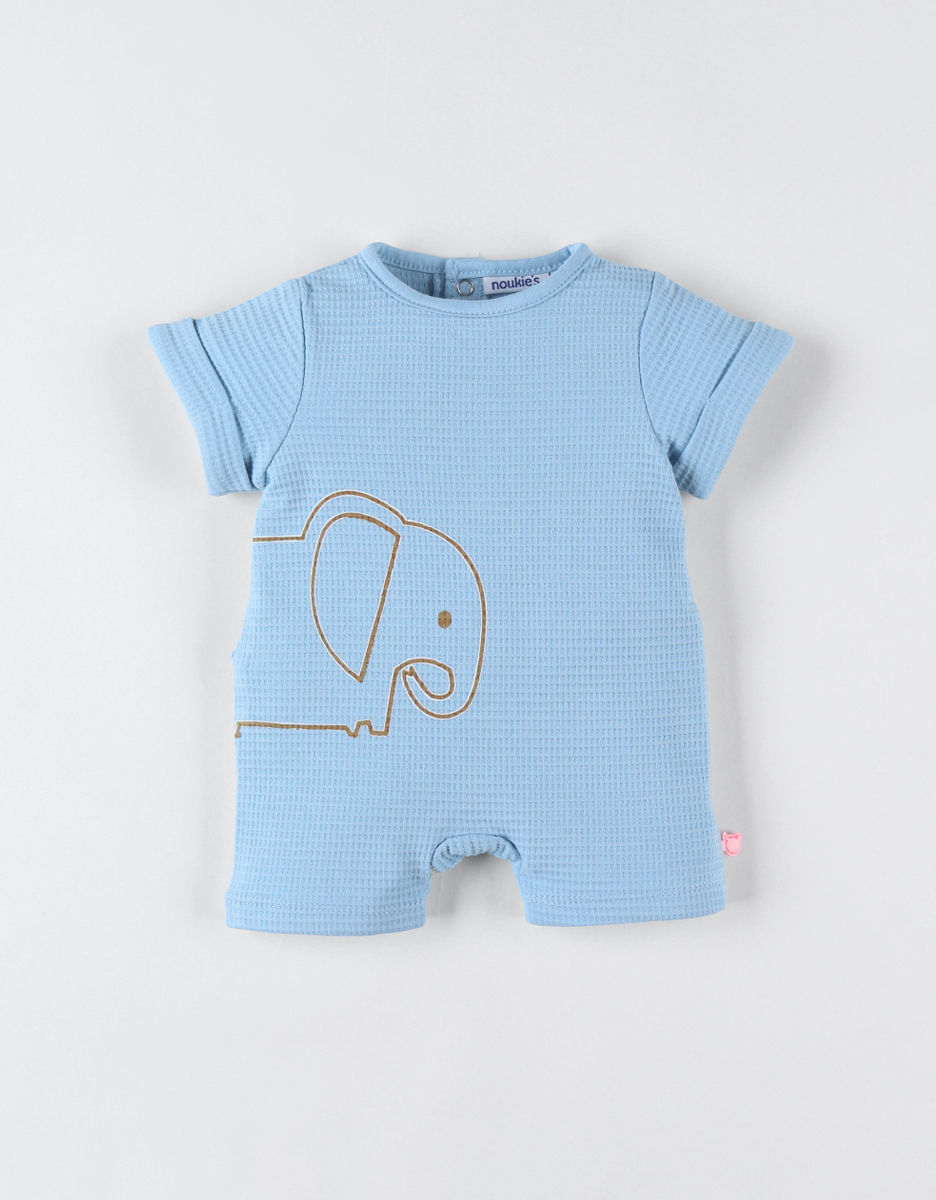 Gewaffeld jersey romperpyjama met olifant, blauw