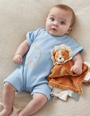 Waffled jersey romper with elephant, blue
