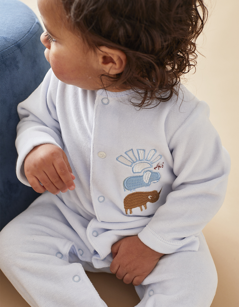 Pyjama 1 pièce rhino & éléphant en velours, bleu clair