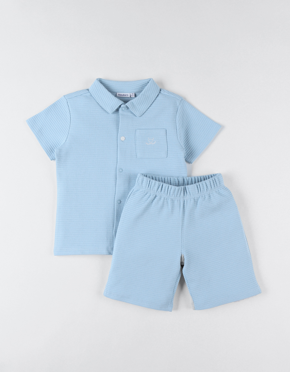 Pyjama 2 pièces avec col chemise en jersey gaufré, bleu