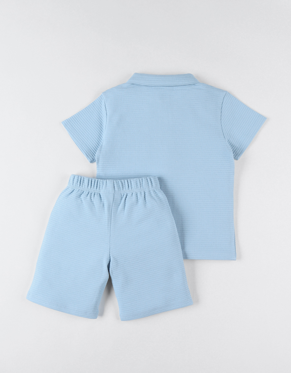Gewaffeld jersey 2-delige pyjama met hemdkraag, blauw