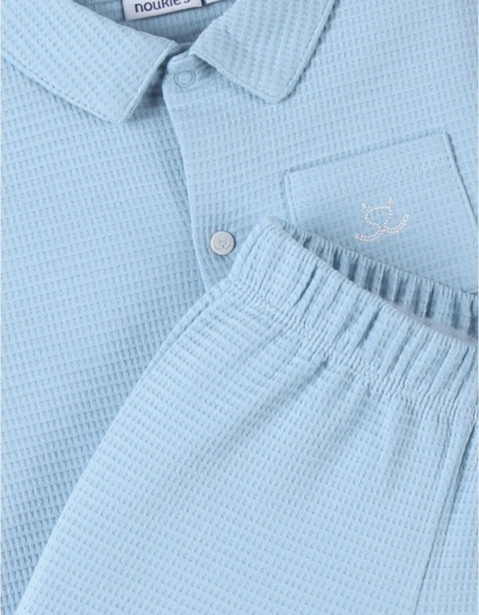 Pyjama 2 pièces avec col chemise en jersey gaufré, bleu