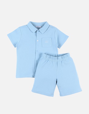 Waffled jersey 2-piece pyjamas with shirt collar, blue