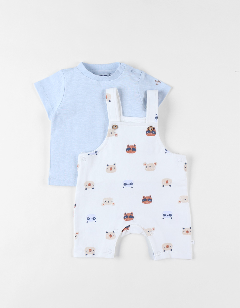 Animal print dungaree set + T-shirt, light blue/off-white