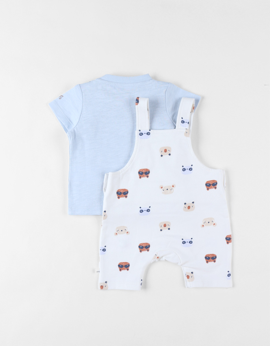 Set animal print dungaree set + T-shirt, light blue/off-white