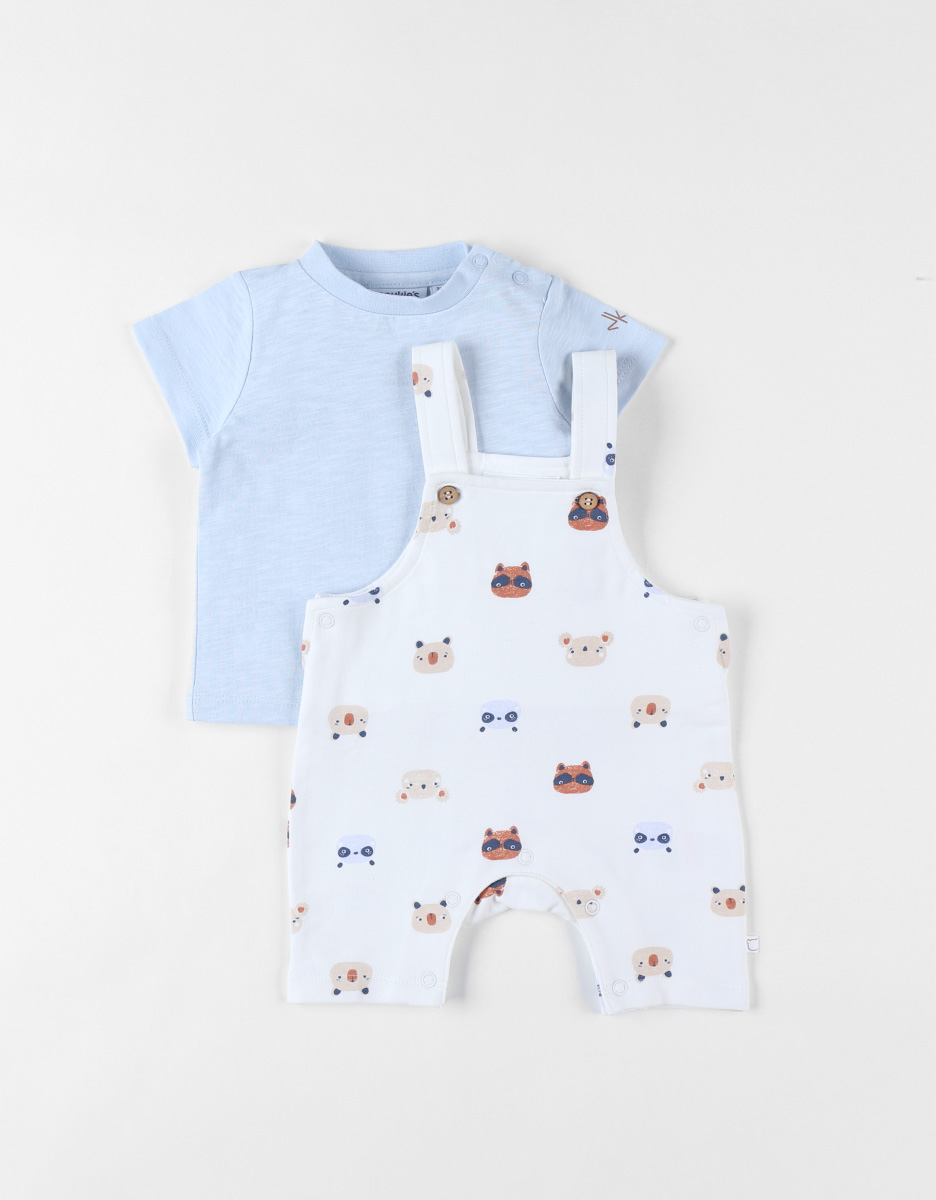 Set salopette imprimé animalier + t-shirt, bleu clair/écru