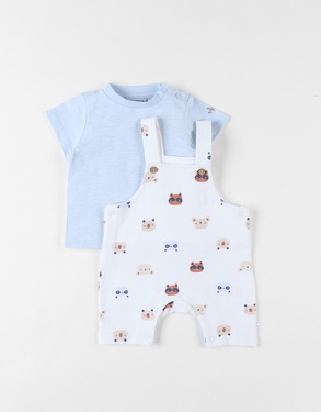 Lot salopette imprimé animalier + t-shirt, bleu clair/écru